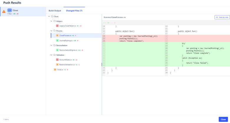 The Inline button was selected and the side-by-side view displays to compare the files